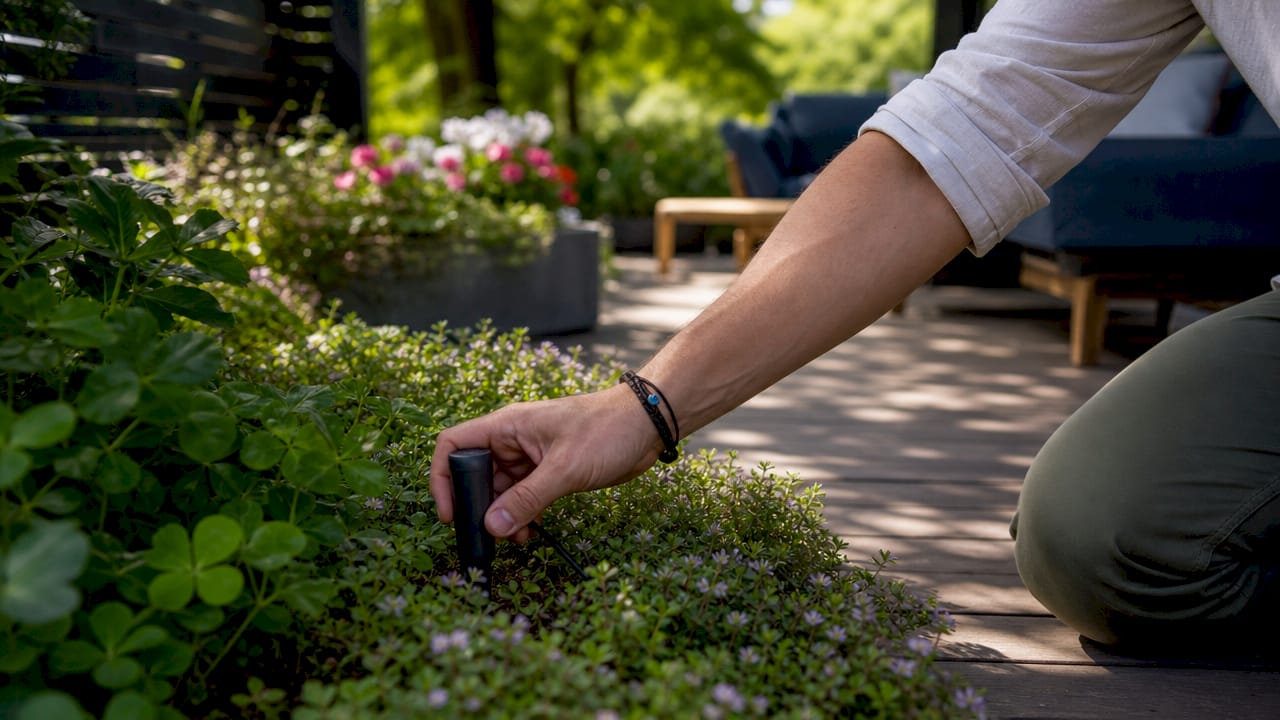 Hand checking soil moisture sensor with smartphone outdoors