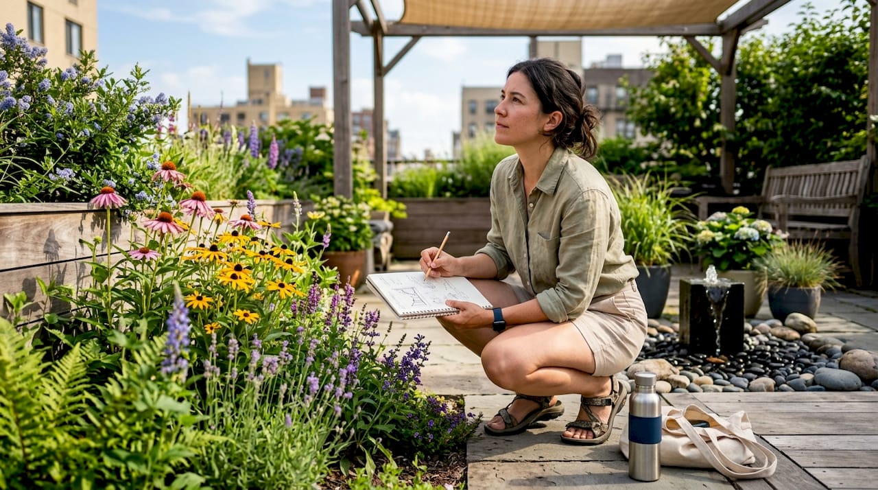 Landscape architect inspecting native plant garden outdoors