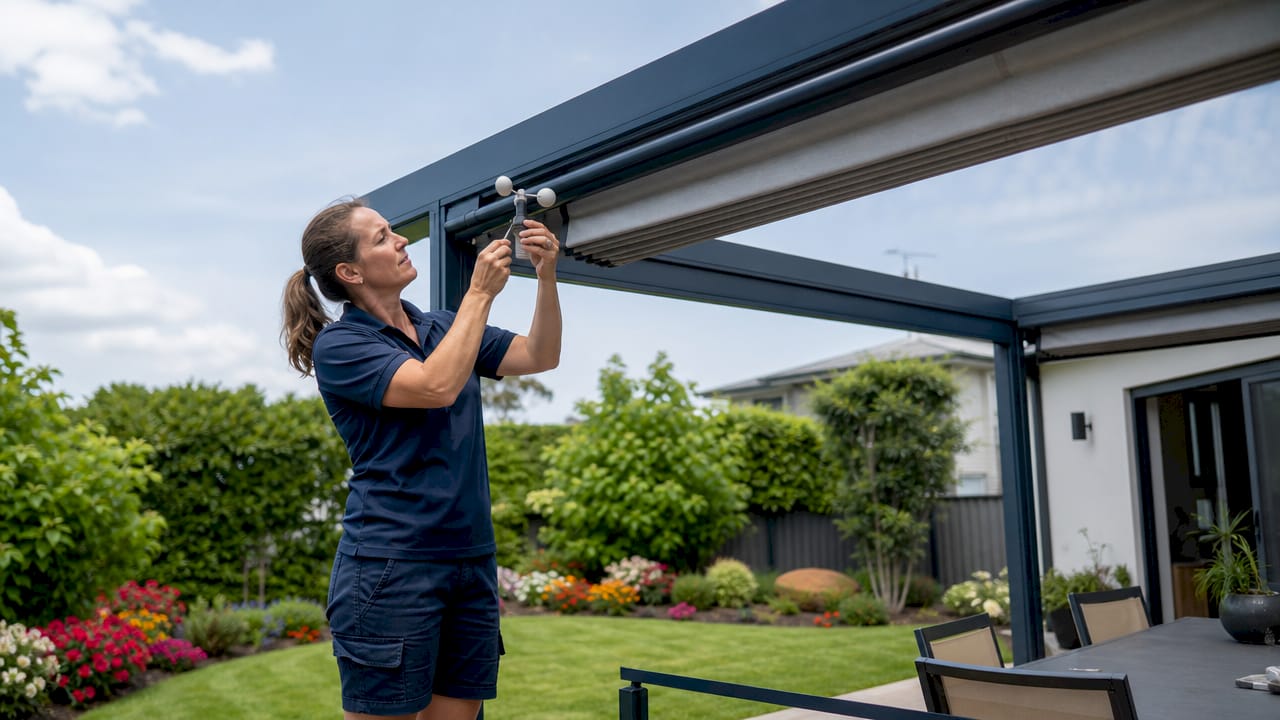 Technician installs wind sensor on outdoor awning