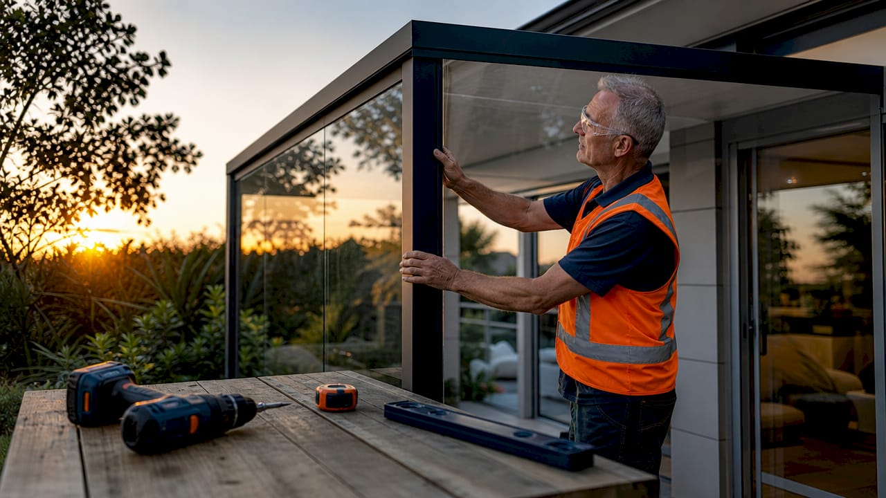 Craftsman installing glass side panels on veranda