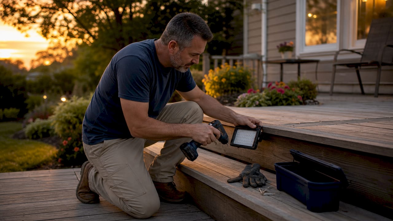 Homeowner installing LED lights outdoors