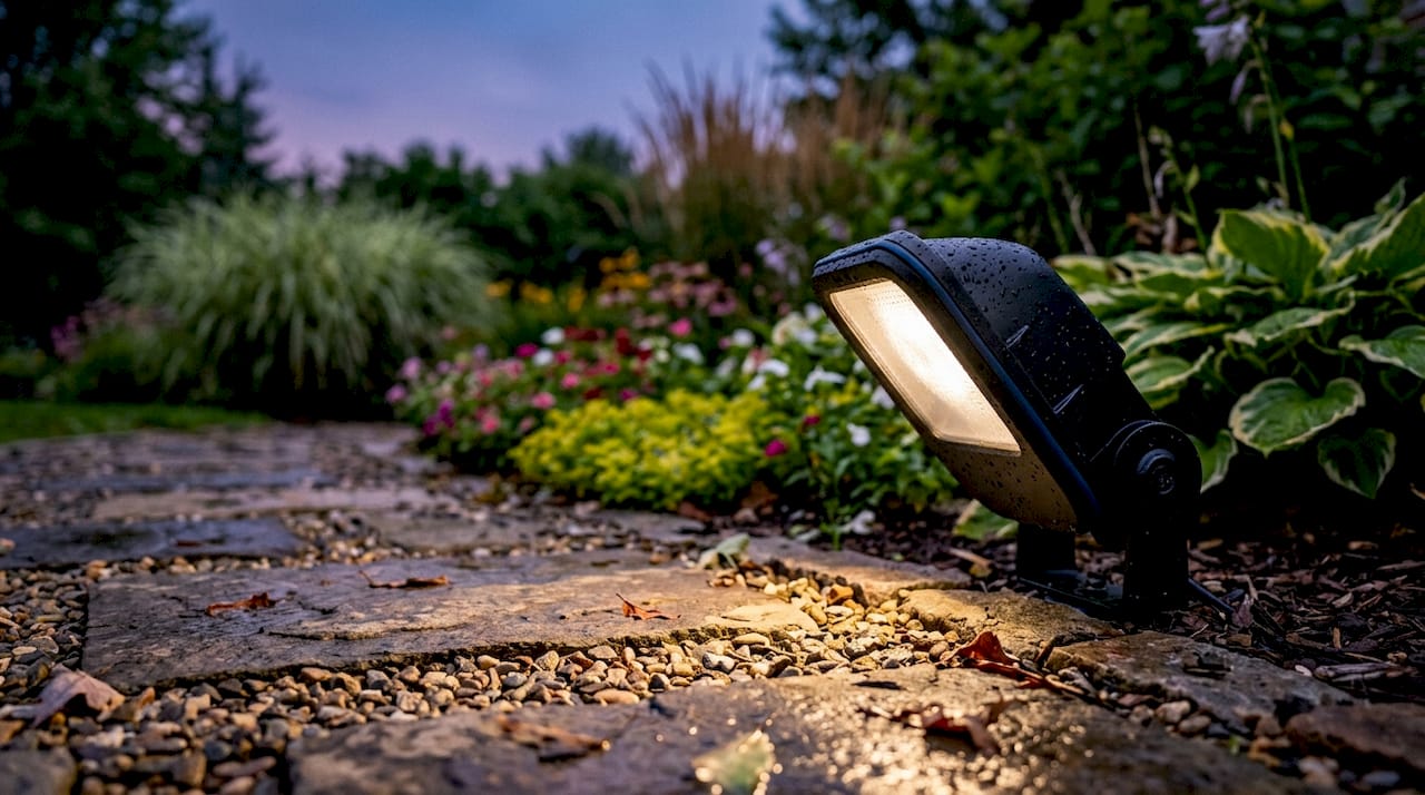 Close-up of durable outdoor LED fixture on fence