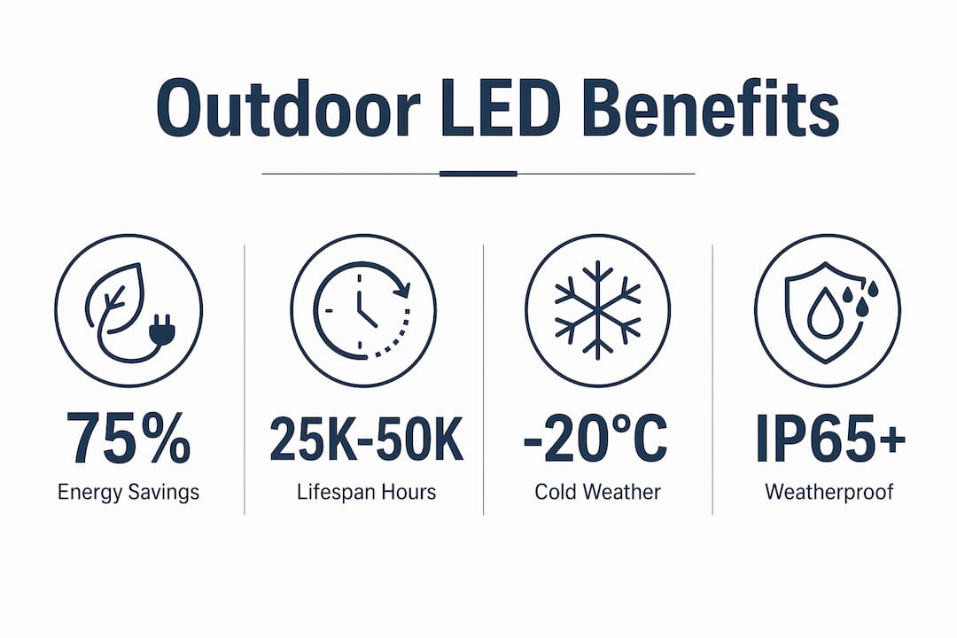 Infographic showing key outdoor LED lighting benefits