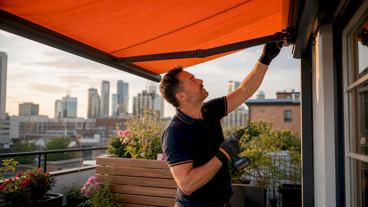 Technician installing custom outdoor awning