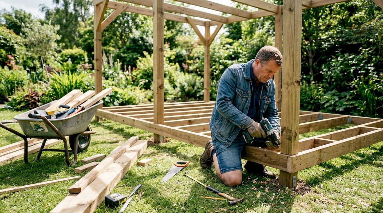 Man building wooden outdoor shelter frame in backyard