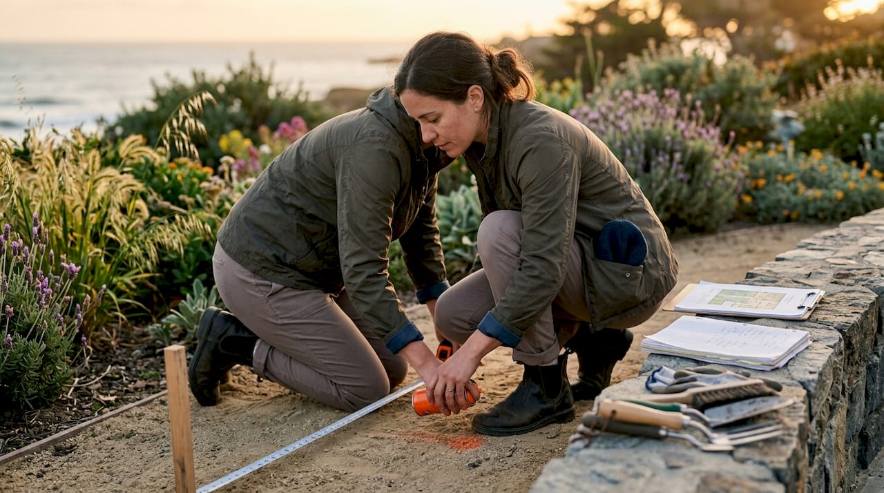 Woman measuring and marking outdoor shelter location