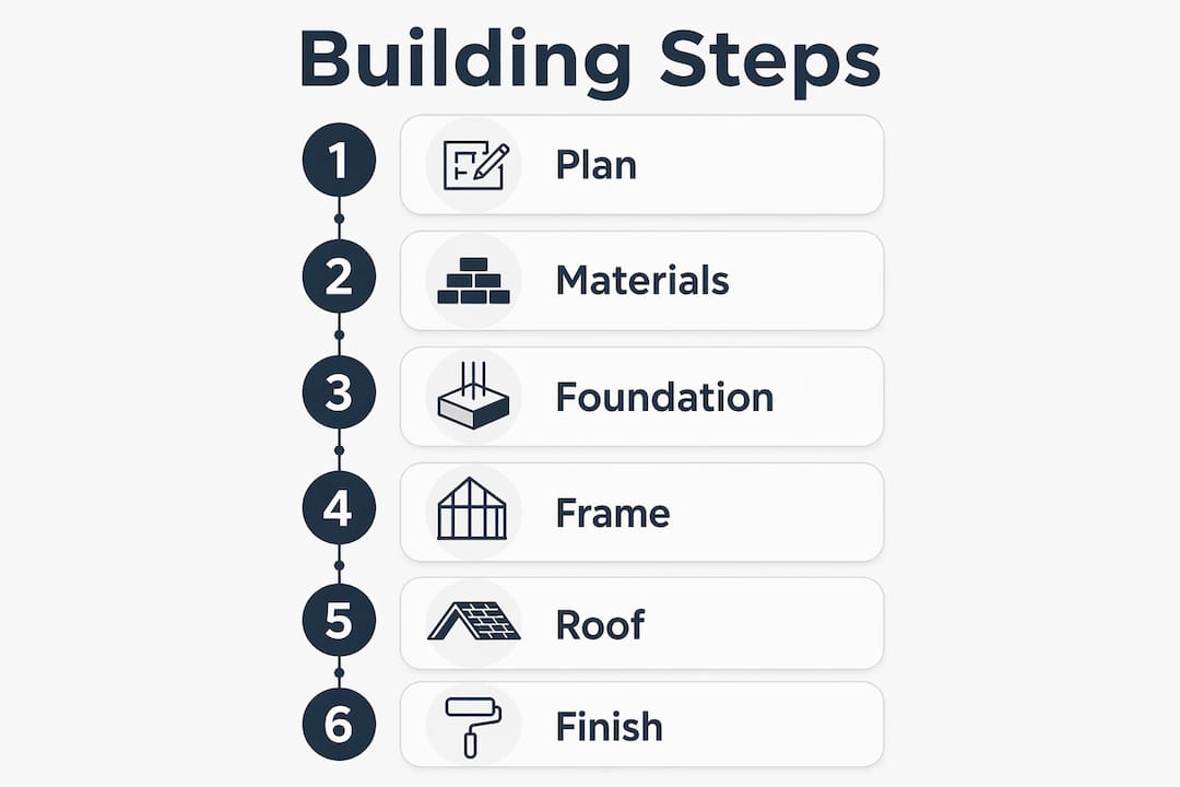 Infographic showing step by step outdoor shelter building process