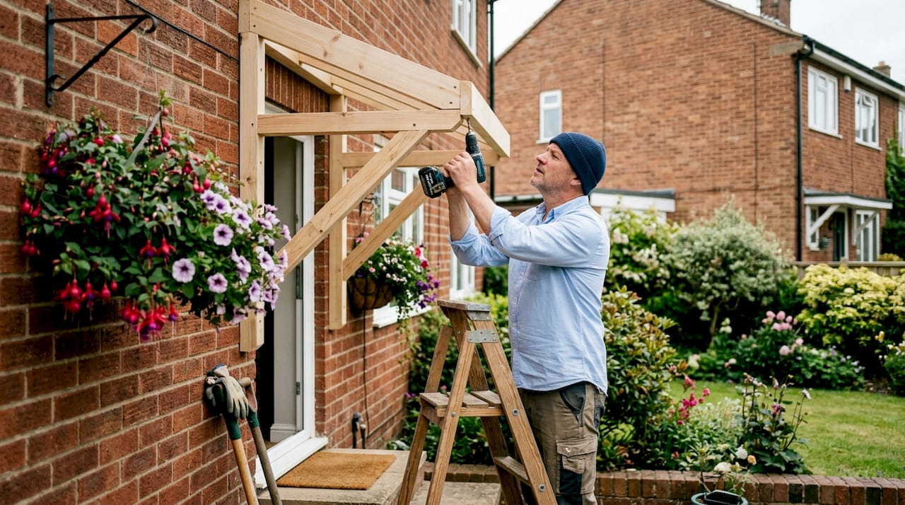Homeowner installing timber front door canopy outdoors