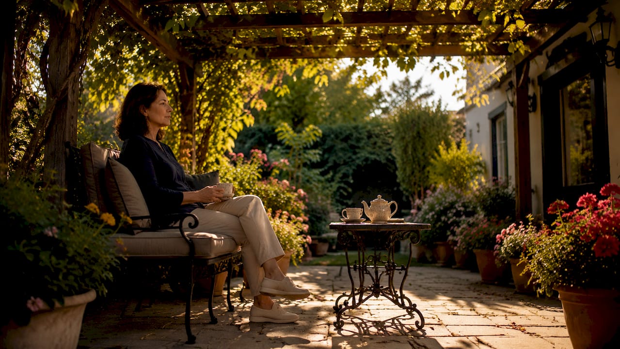 Woman reading in shaded outdoor patio garden