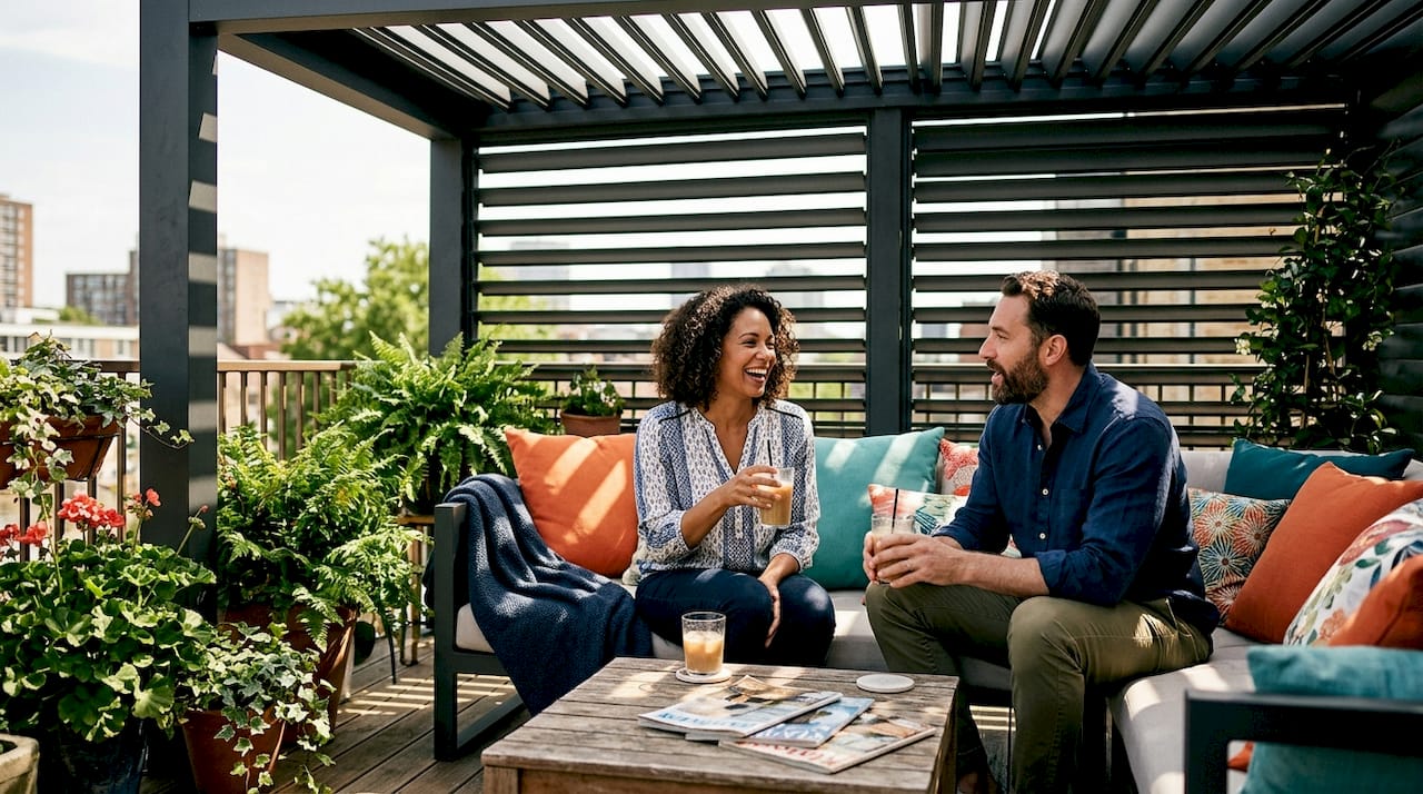 Modern pergola with adjustable louvre roof over dining area