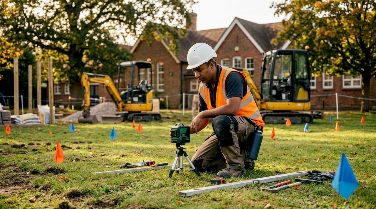 Contractor measuring ground level for pergola site