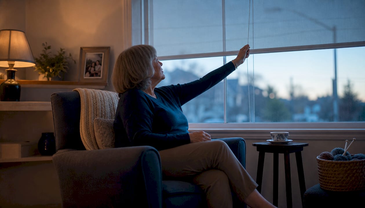 Woman adjusting internal roller blinds in living room
