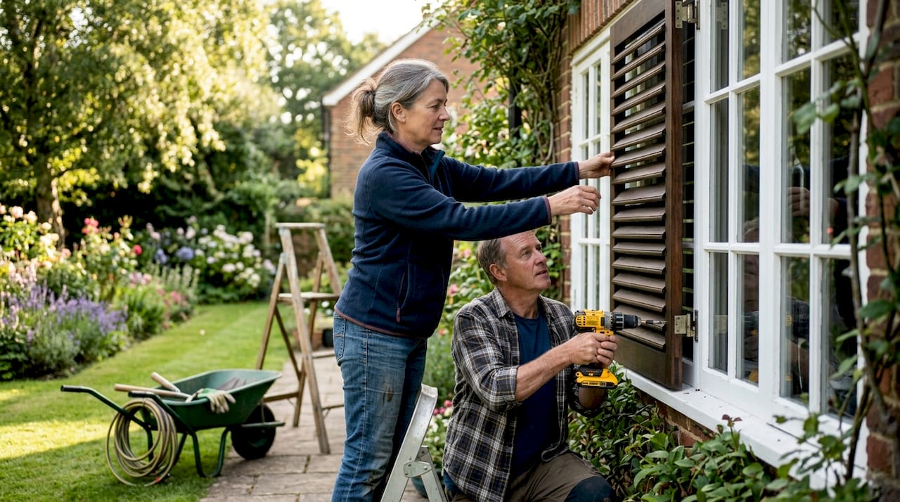 Couple installing external shading on UK home window