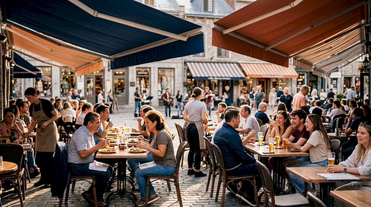Shaded busy restaurant outdoor terrace