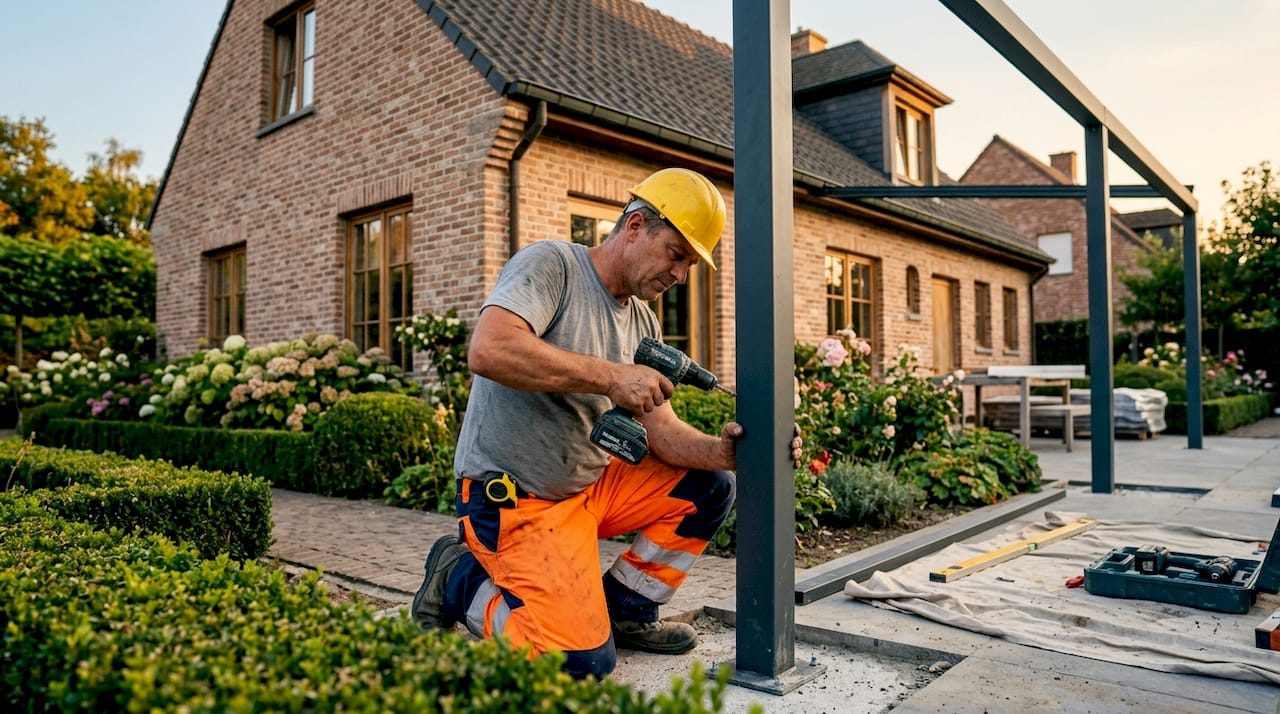 Worker installing steel awning post outdoors