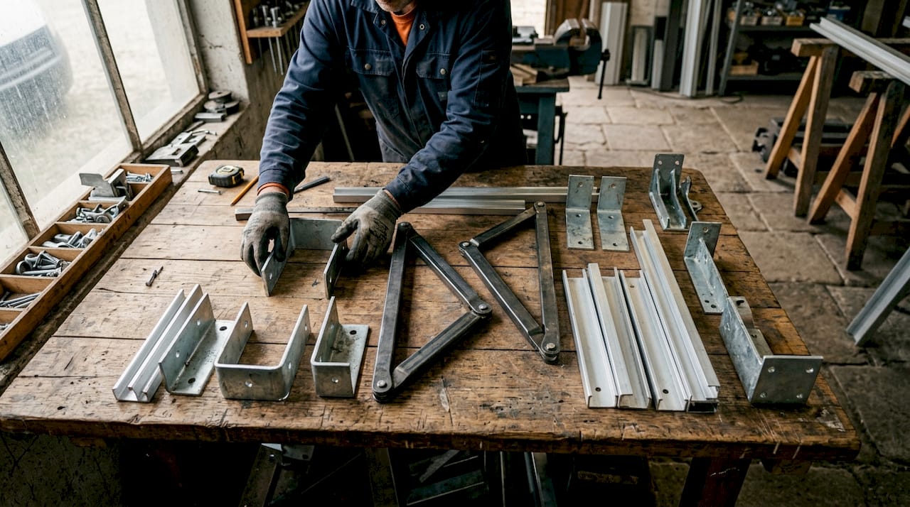 Close-up of awning support hardware on workbench