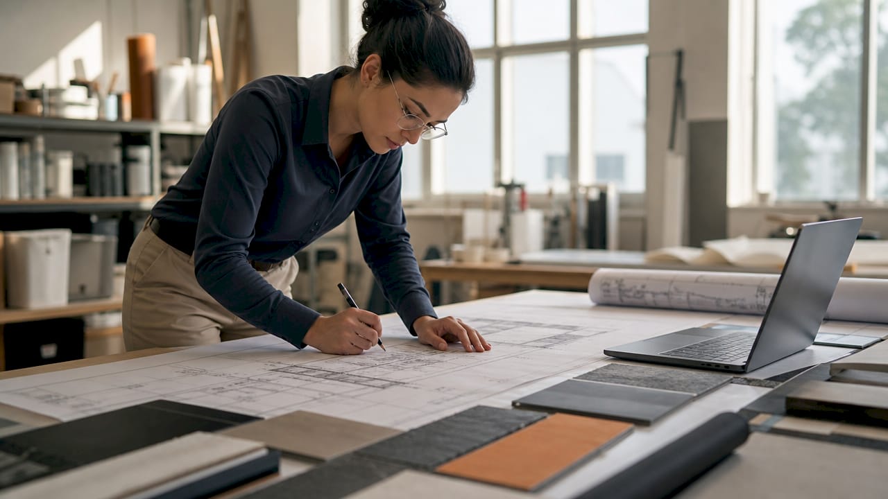 Design specialist reviewing waterproofing plans and samples
