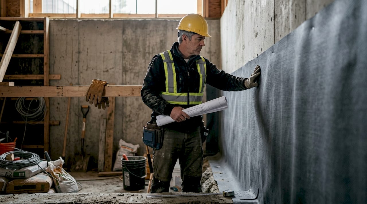 Engineer inspecting structural waterproofing at construction site