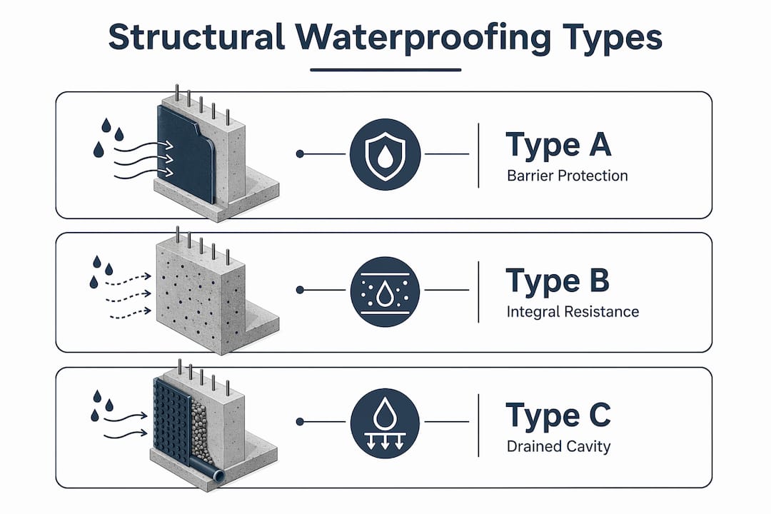 Infographic summarizing three structural waterproofing types