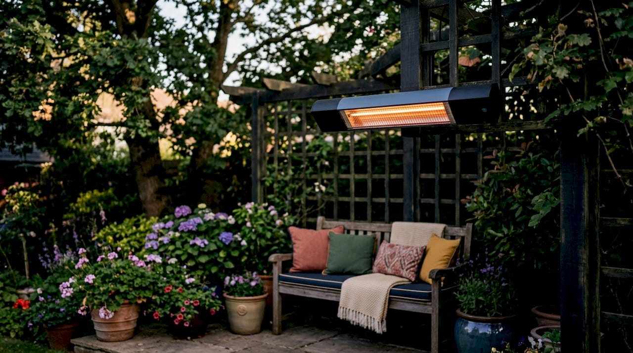 Close-up of mounted electric infrared outdoor heater