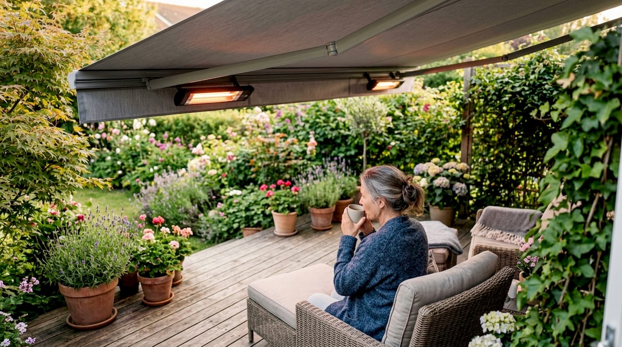 Woman enjoying warmth from outdoor heater on patio