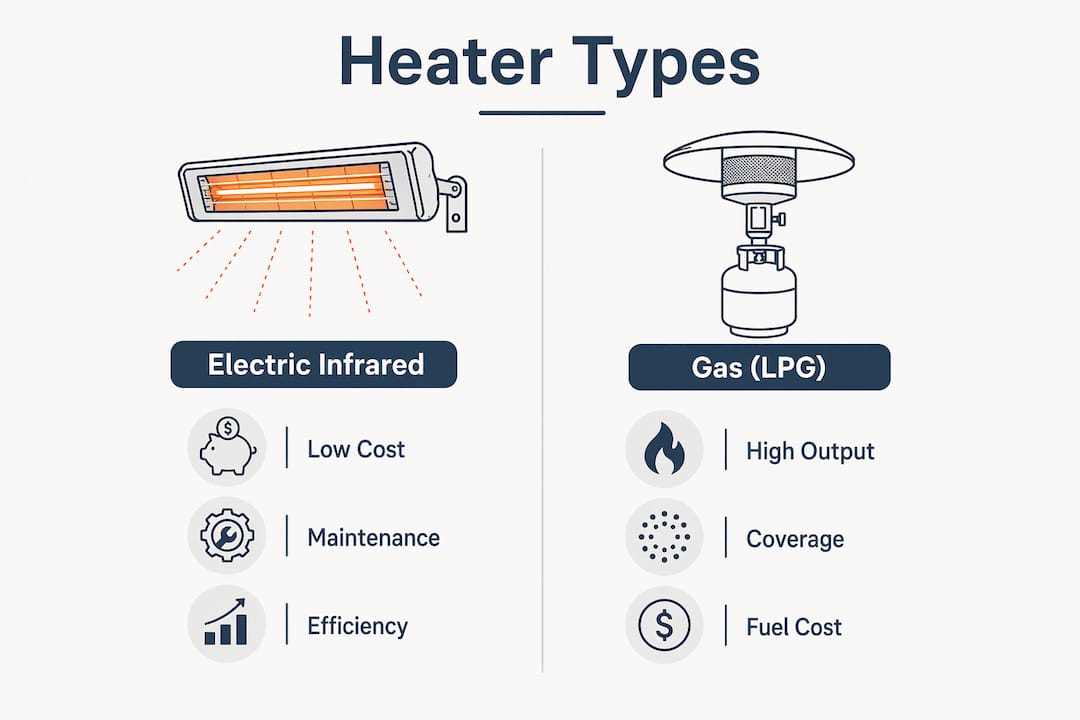 Comparison infographic of electric infrared and gas outdoor heaters