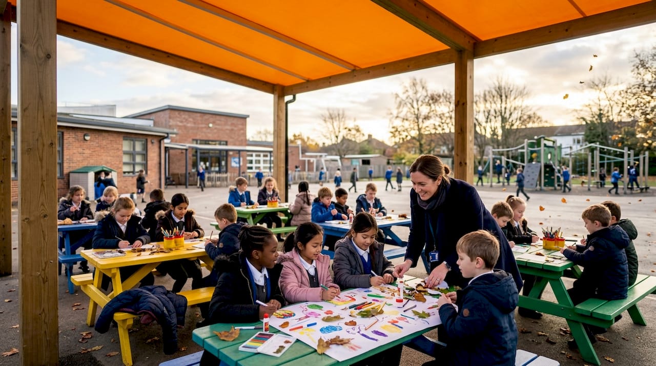 Children learning under school outdoor shelter