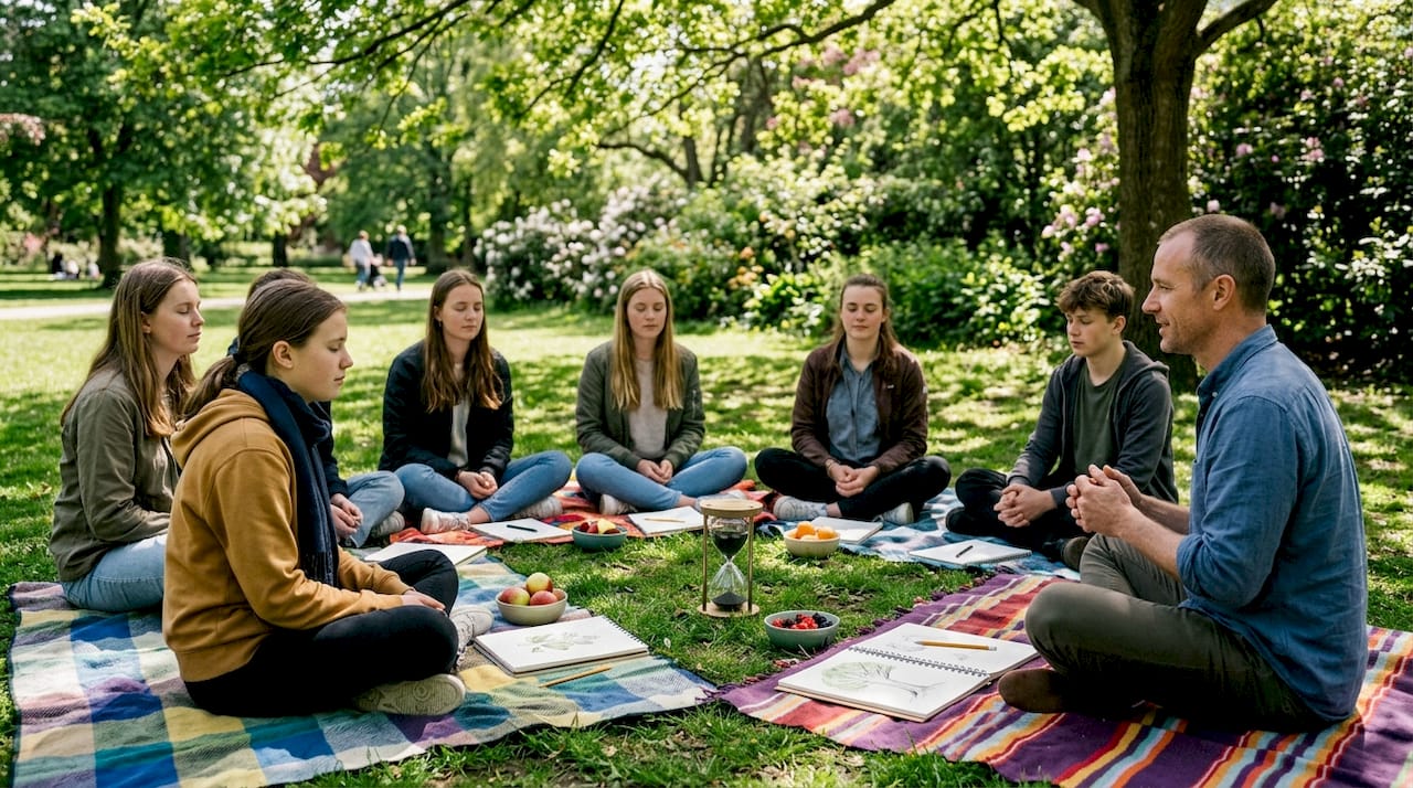 Students practicing mindfulness under shelter