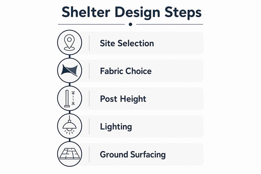 Infographic displaying steps for designing outdoor school shelters