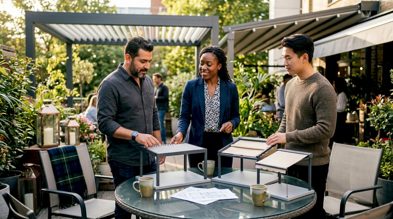 Team discussing commercial patio enclosure types outdoors