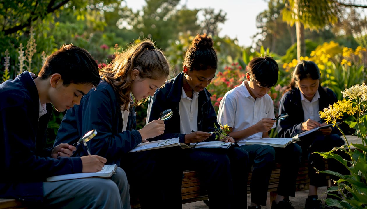 Secondary students investigating plants in outdoor classroom