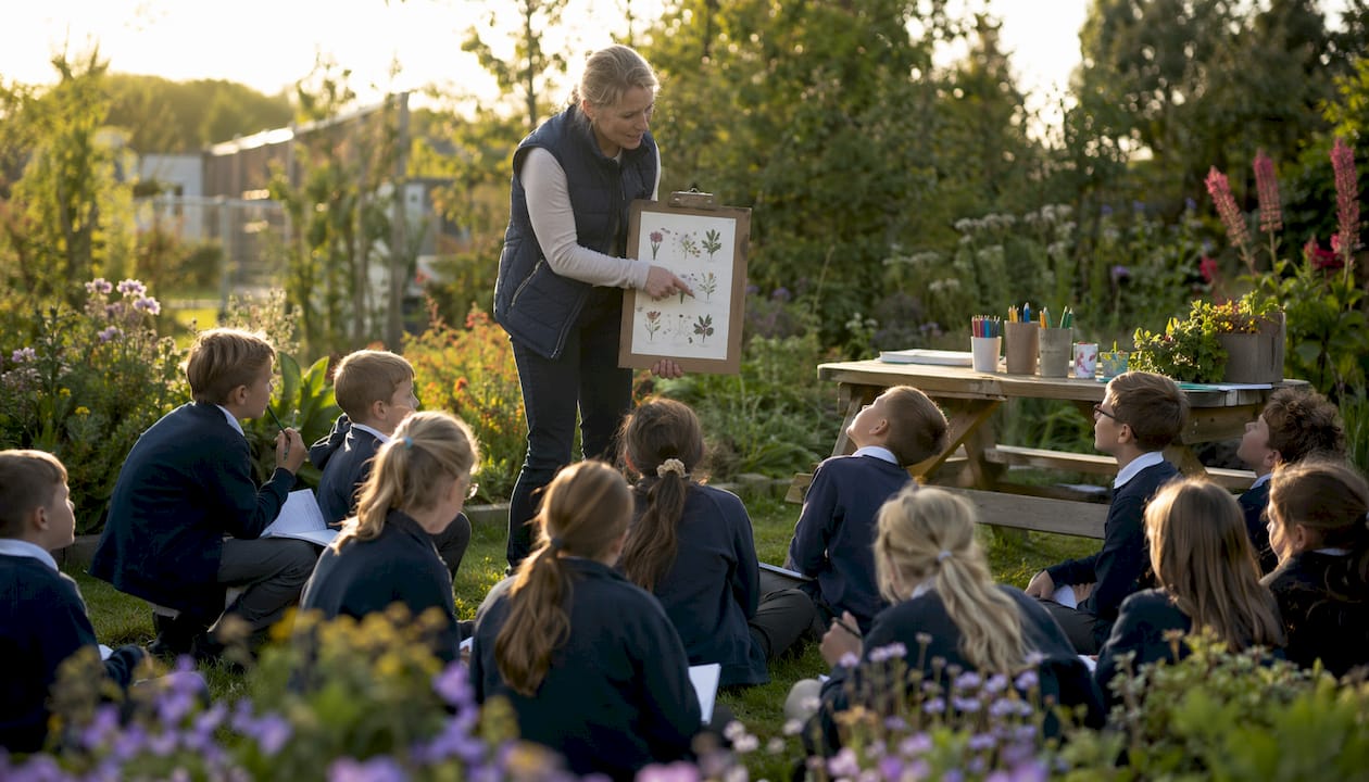 Teacher leading outdoor classroom session with pupils