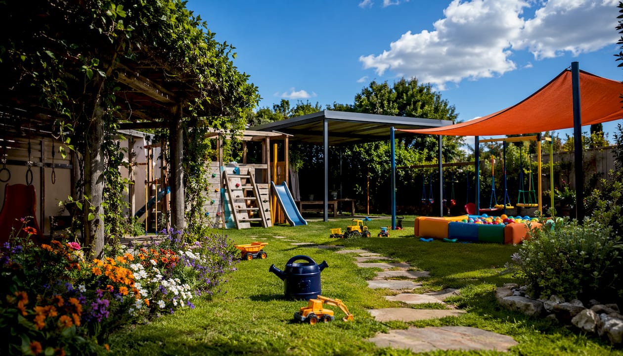 Three types of shaded children's play structures