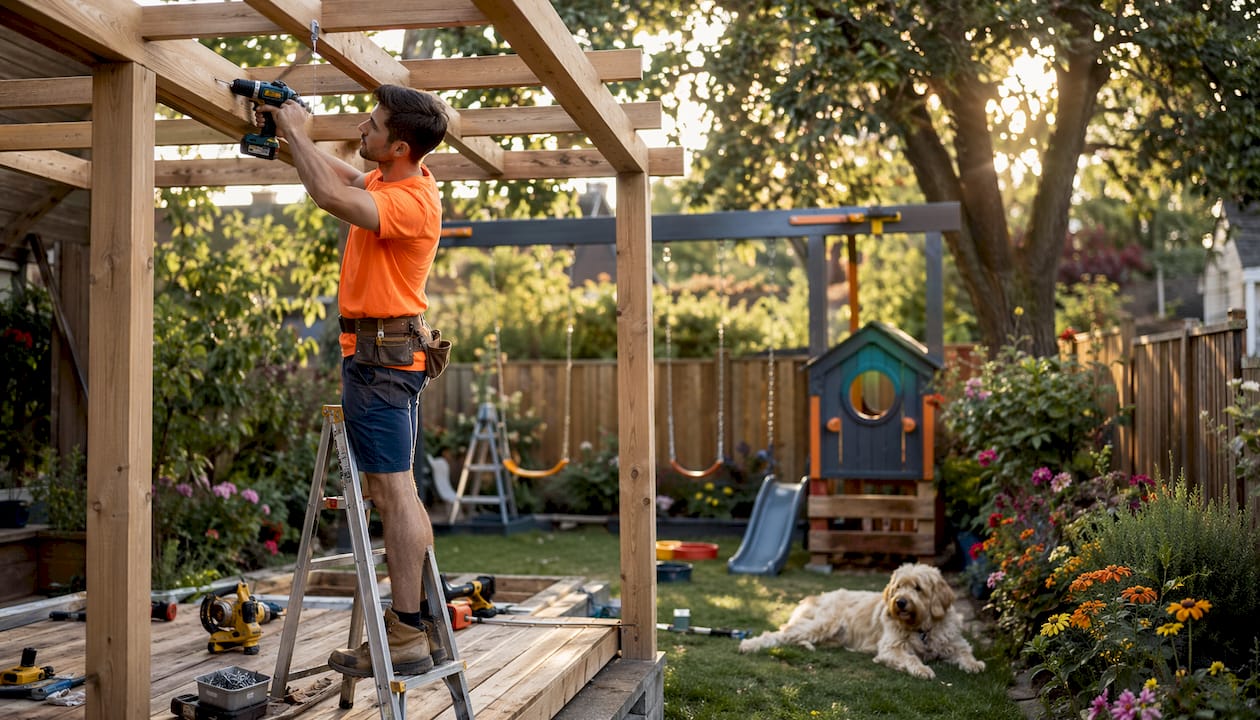 Father assembling wooden pergola over play area