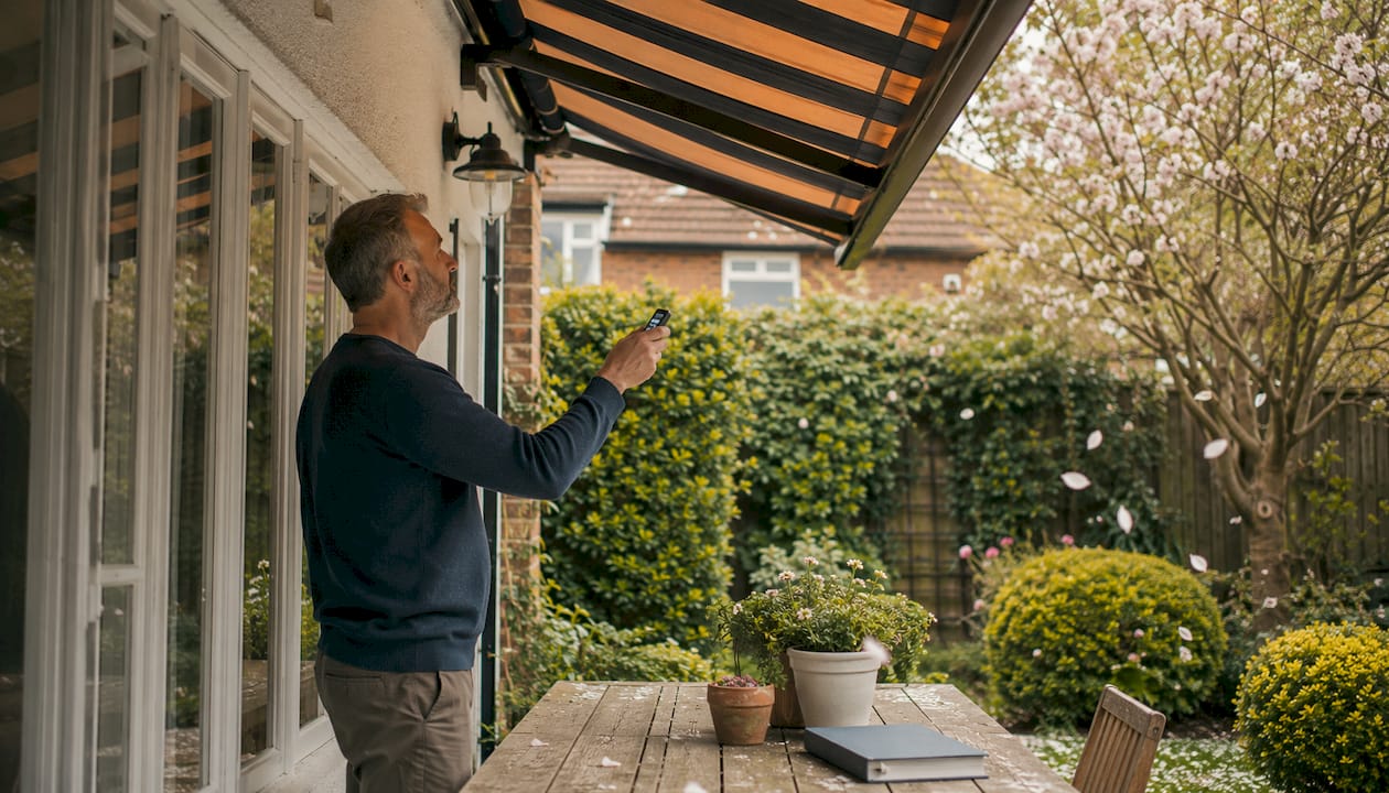 Man adjusting retractable awning on UK patio