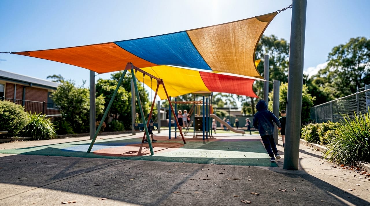School retractable shade canopy close-up