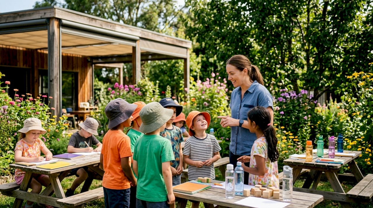 Teacher leading sun-safe children outdoor