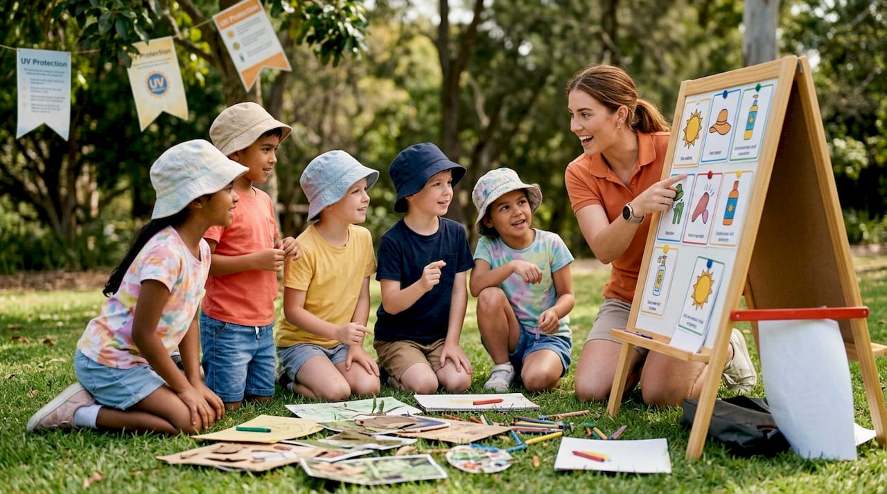 Sun safety lesson with pupils and teacher