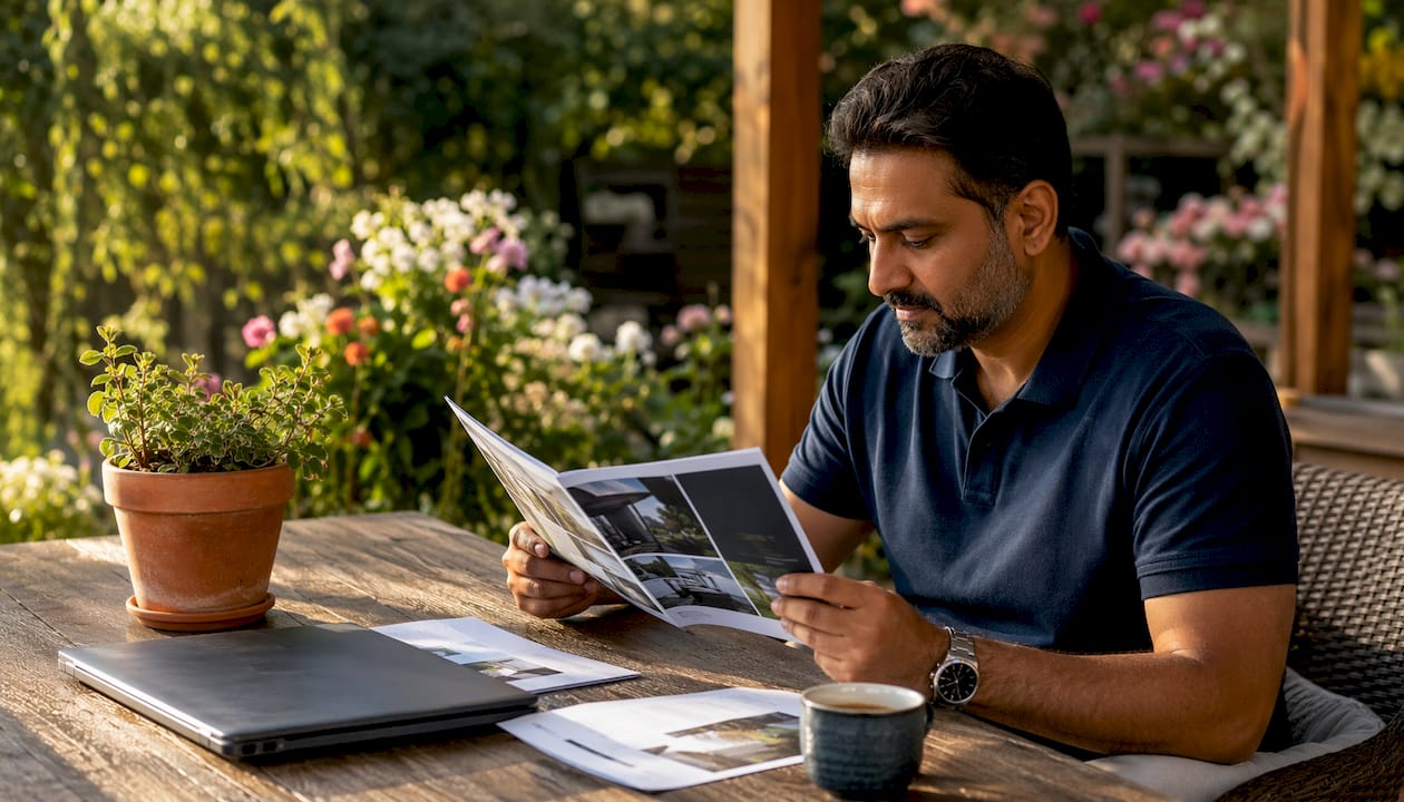 Man reviewing canopy provider brochures in home study