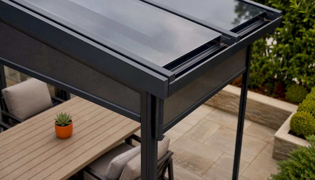 Close-up of modular veranda frame and glass roof detail