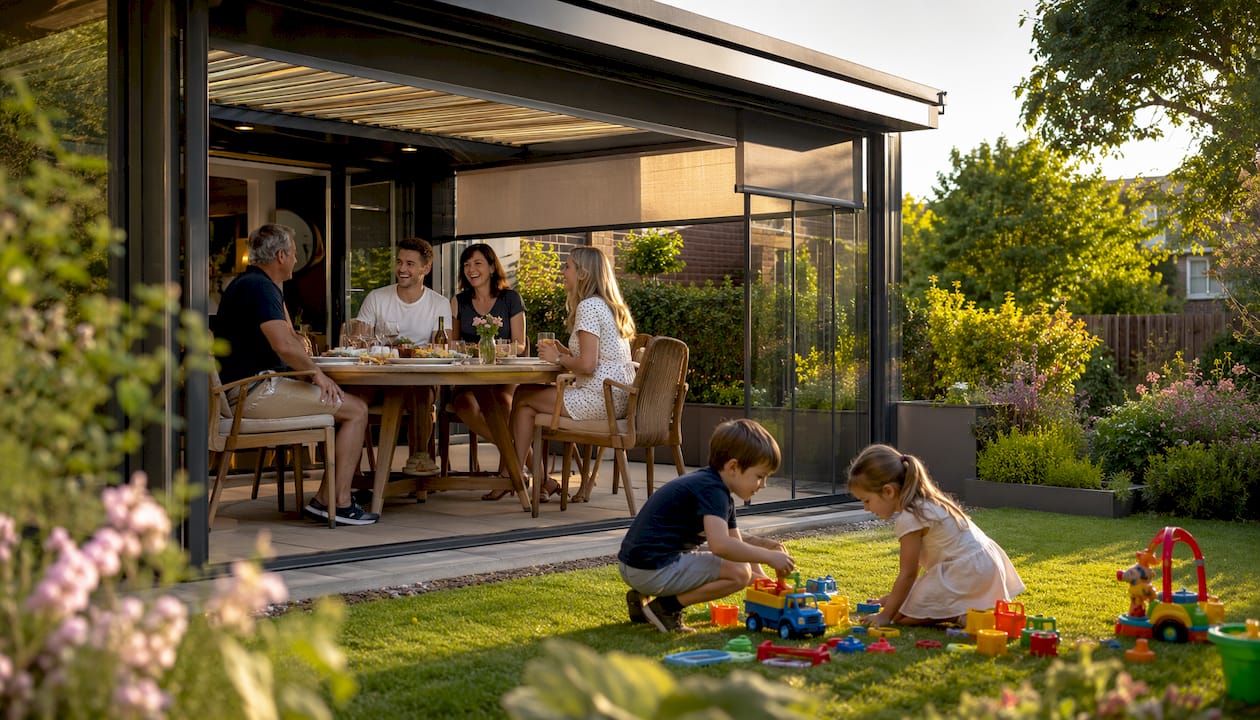 Family dining and socialising under modular veranda