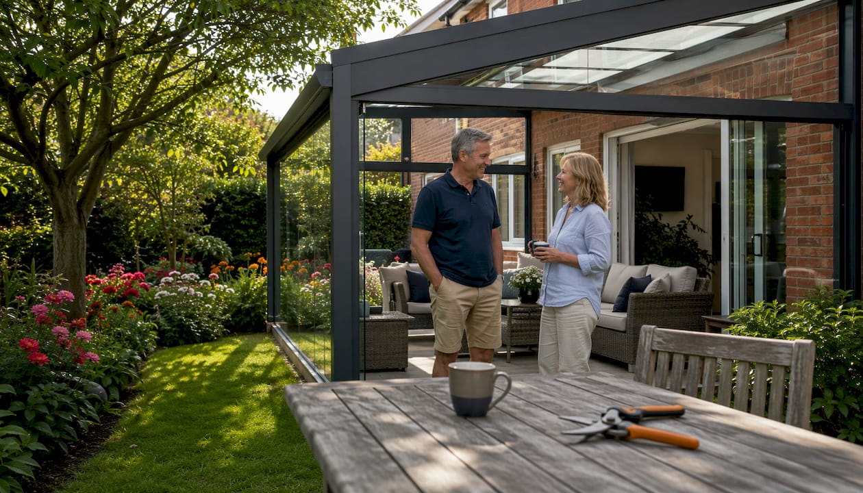 Couple beside modern modular veranda in UK backyard