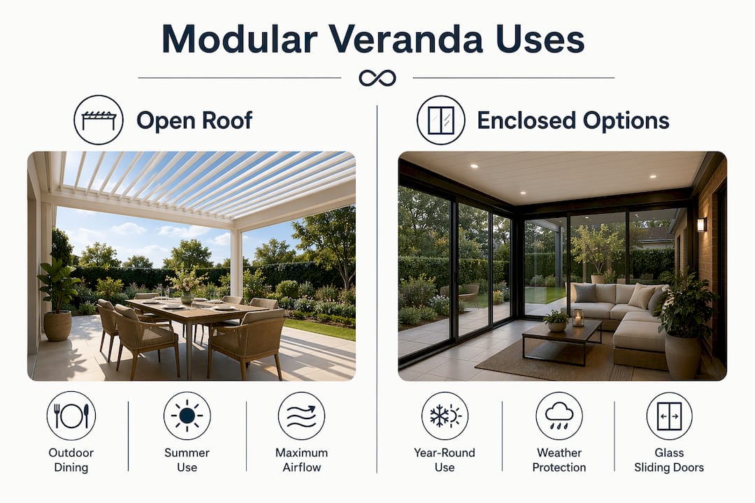 Infographic comparing modular veranda open roof and enclosed options