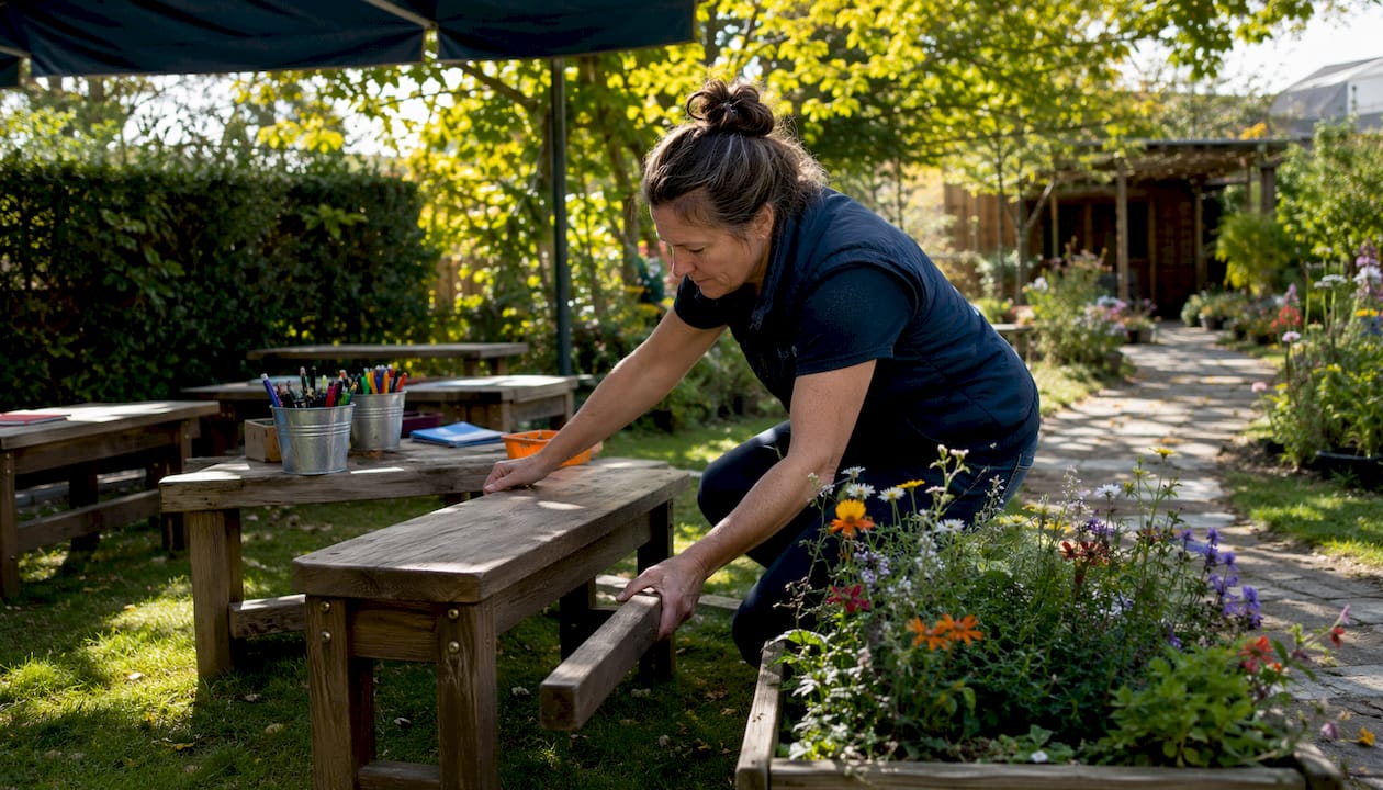 School staff arranging outdoor classroom seating