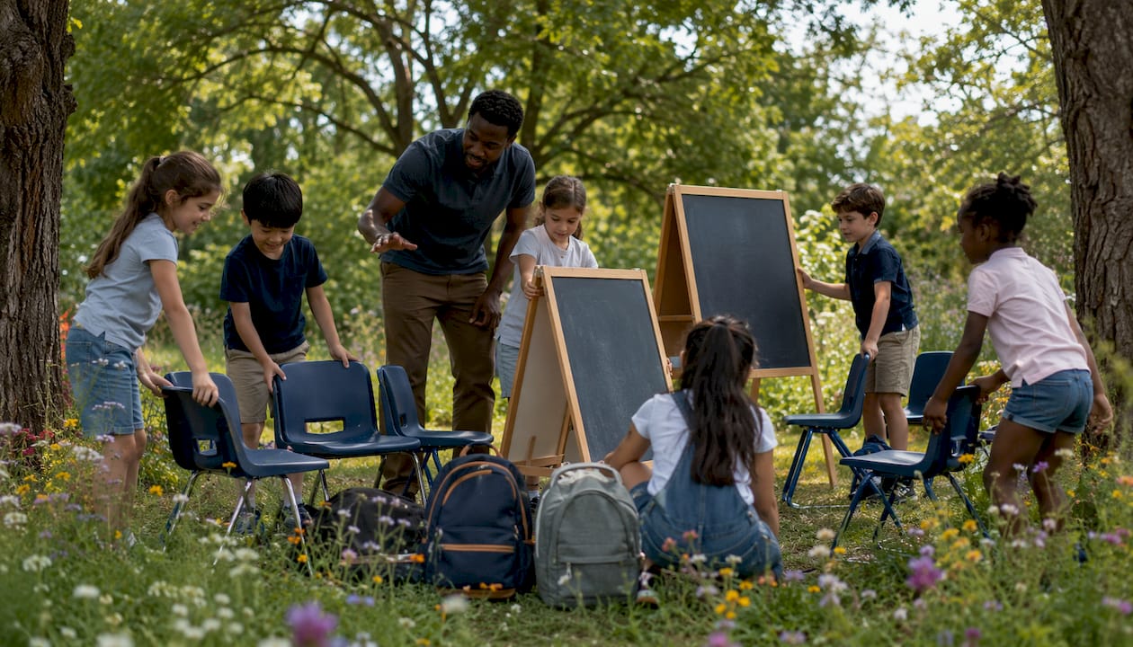 Teacher and pupils rearranging outdoor classroom