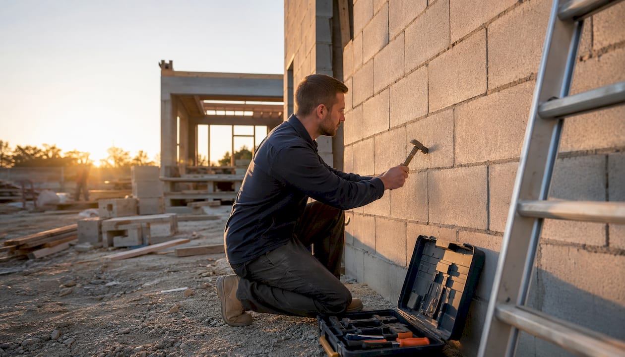 Hands tapping blockwork substrate before installation