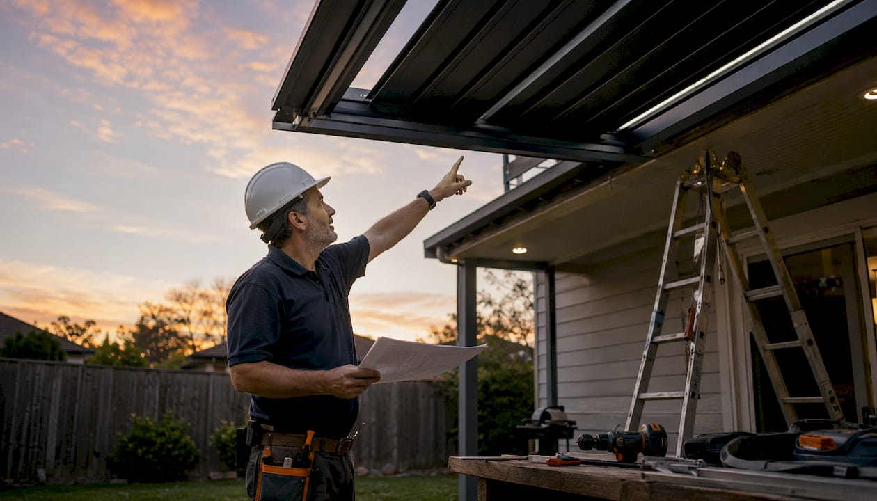 Contractor inspecting retractable roof installation