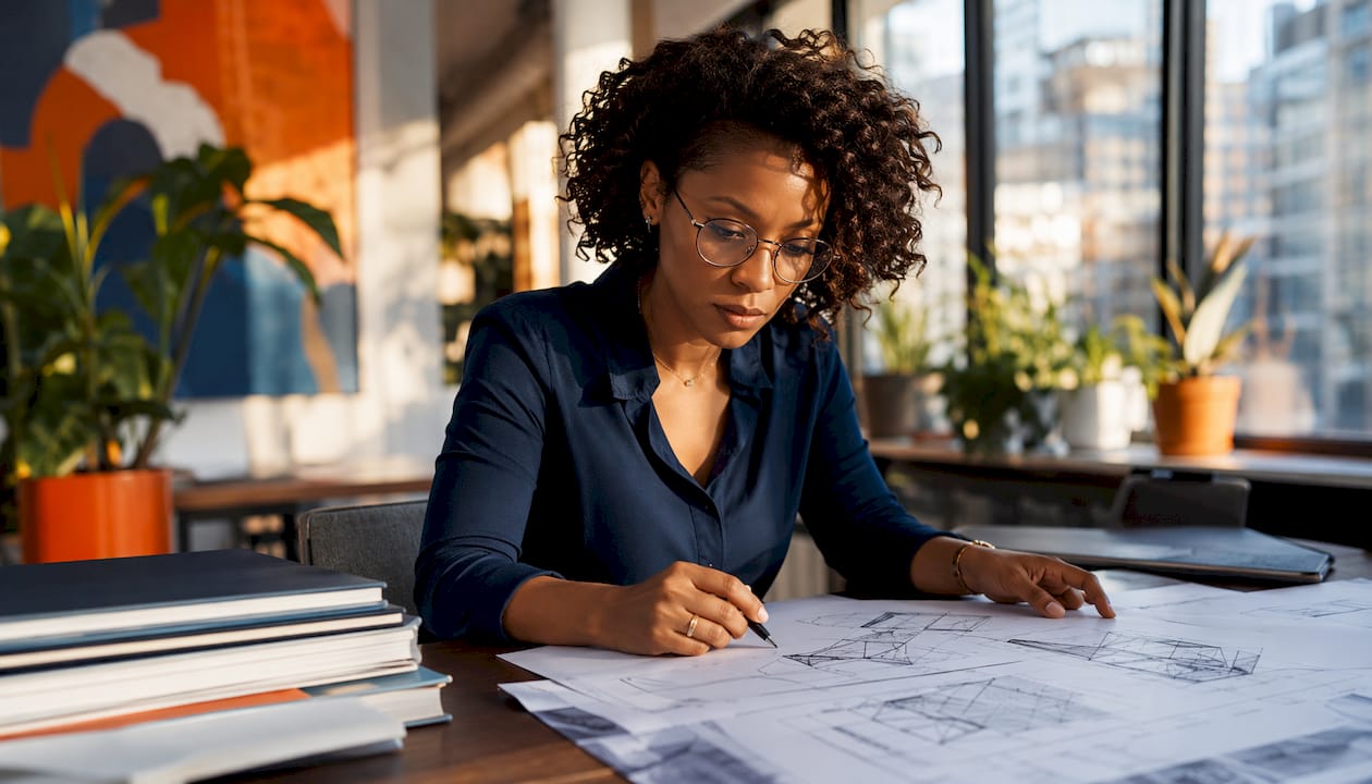 Architect reviewing glass canopy blueprints
