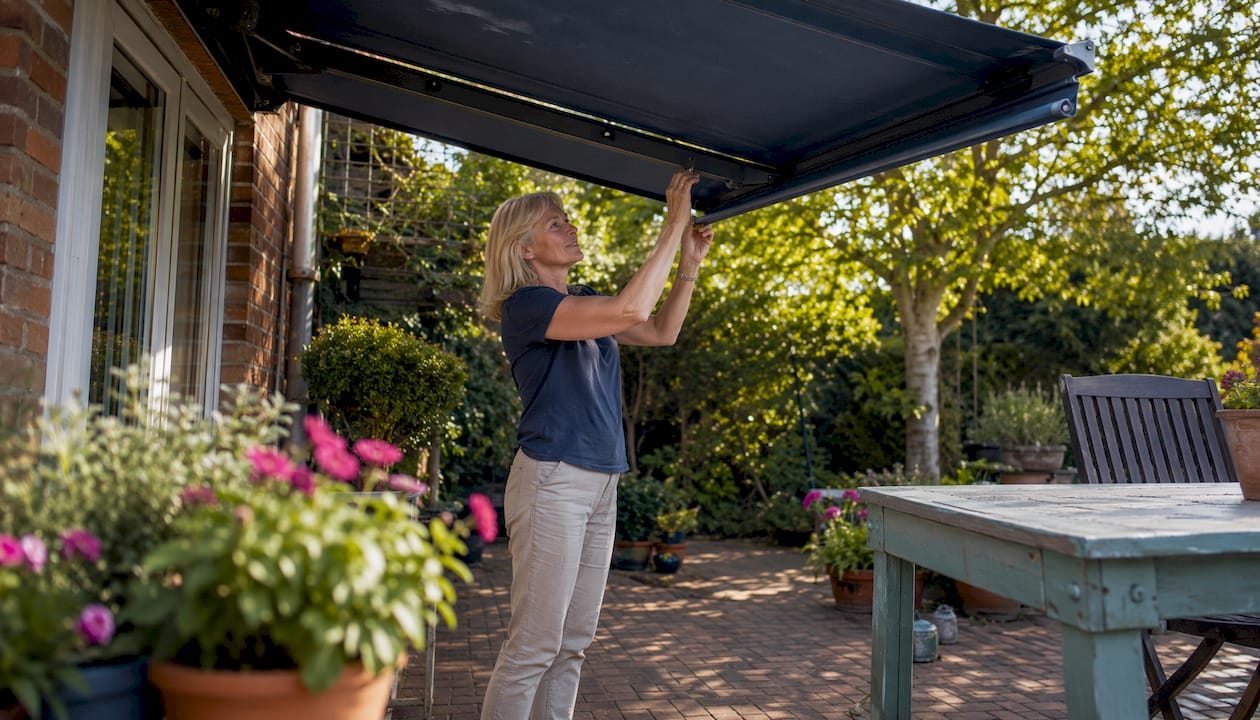 Woman adjusting retractable awning on UK home patio