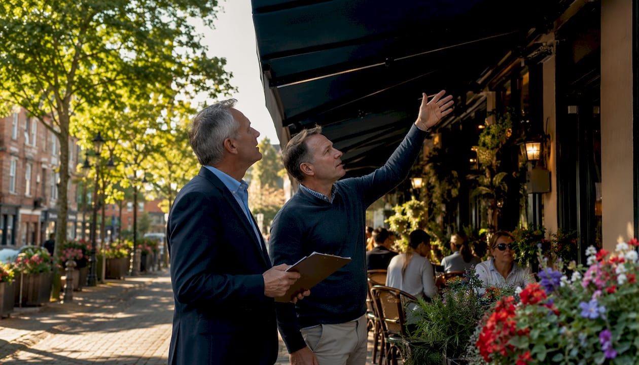 Business owners reviewing café retractable awning